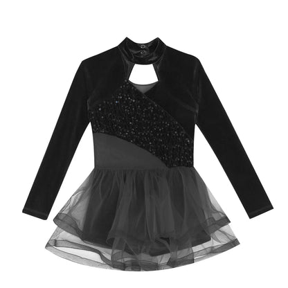 Girls Figure Skating Dance Costume Sequin Long Sleeve Velvet Mesh Leotard Dress (Age 6-14 YRS)