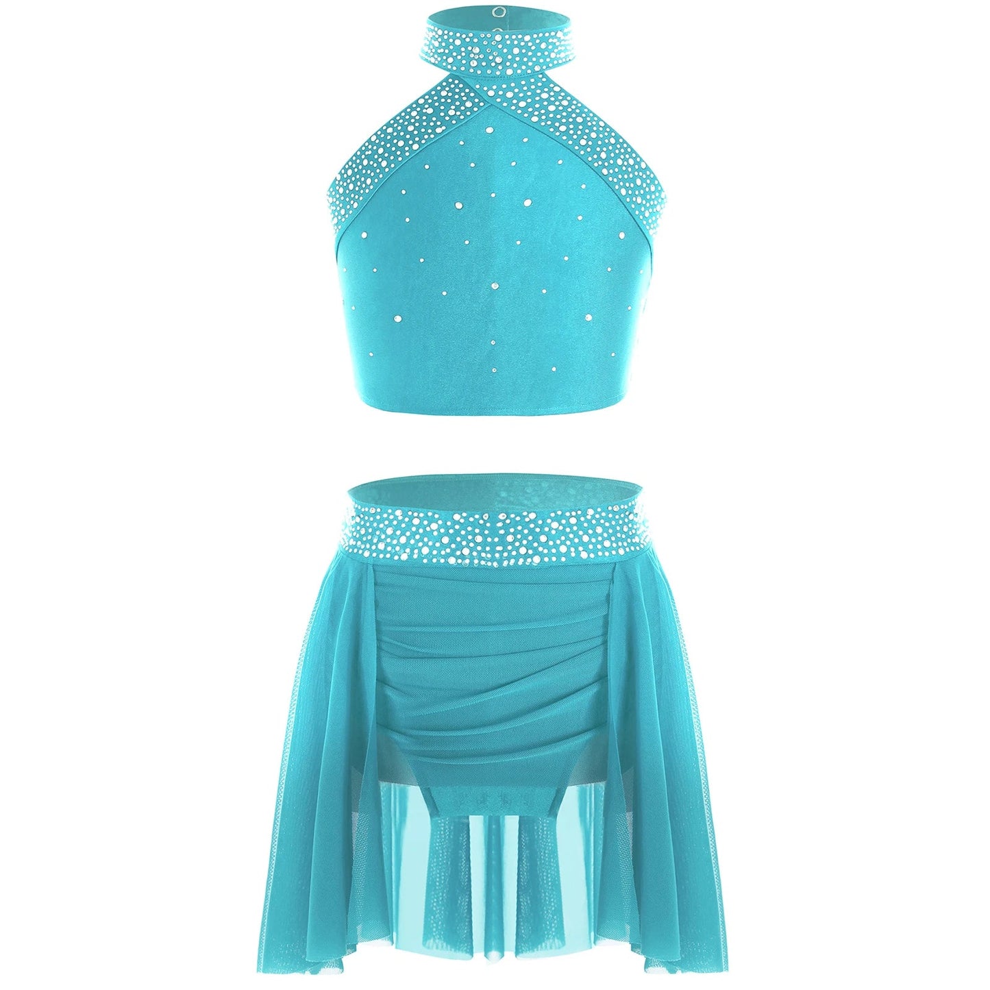 Girls Rhinestones Dance Outfit Tops & Skirt Set (Age 6-16 YRS)