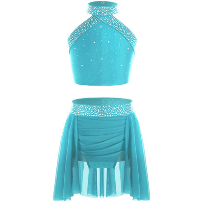 Girls Rhinestones Dance Outfit Tops & Skirt Set (Age 6-16 YRS)