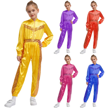 Girls Sequin Satin m Long Sleeve Zipper Jumpsuit (Age 6-16 YRS)
