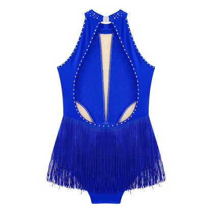 Girls Dance Costume Sleeveless Rhinestone Tassel Leotard (Age 6-16 YRS)
