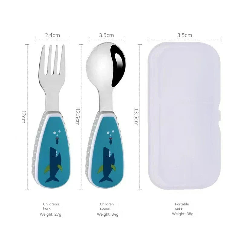 Toddler Cute Utensils Feeding Spoon And Fork Set Stainless Steel Navy