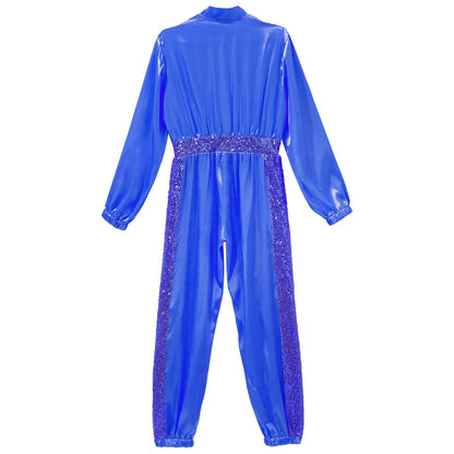 Girls Sequin Satin m Long Sleeve Zipper Jumpsuit (Age 6-16 YRS)