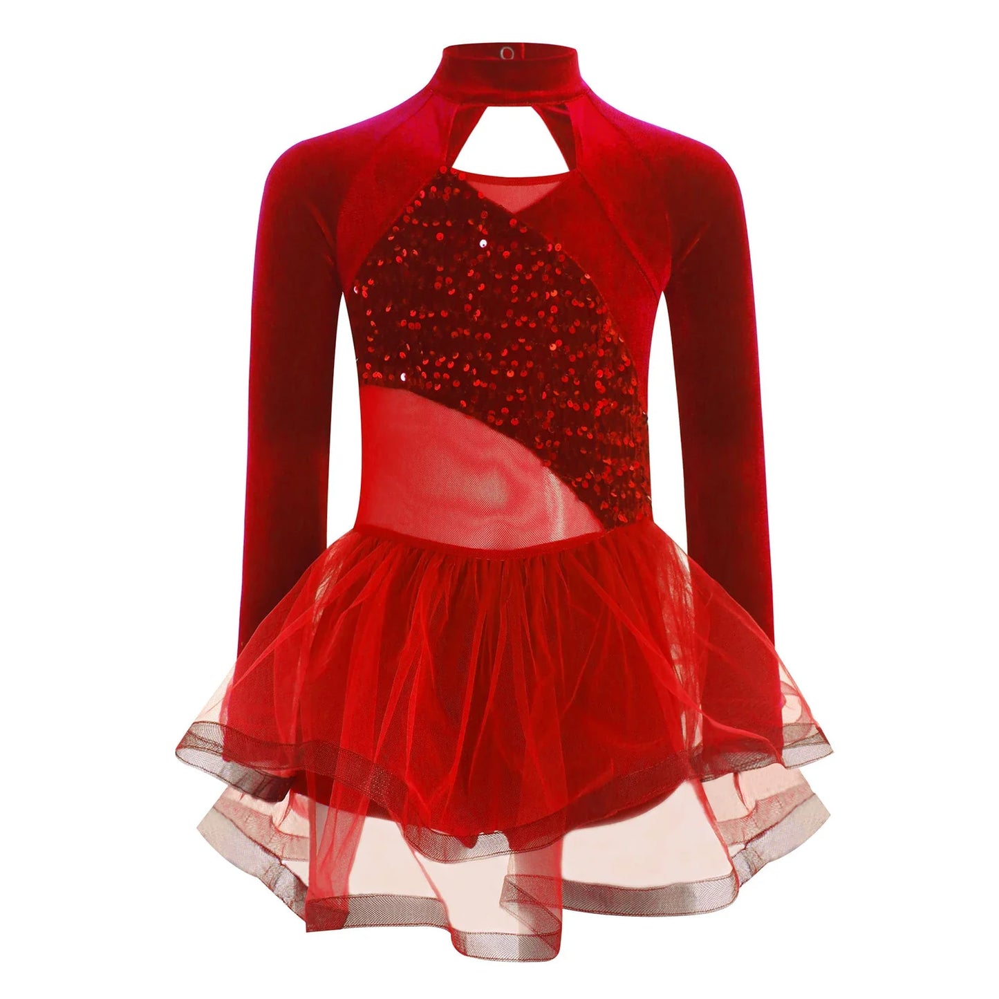 Girls Figure Skating Dance Costume Sequin Long Sleeve Velvet Mesh Leotard Dress (Age 6-14 YRS)