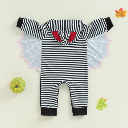 Baby Halloween Bat Costume Romper – Skeleton Cobweb Hooded Jumpsuit with Big Ears | Ages Newborn–24M