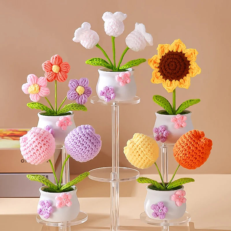 Handmade Knitted Sunflower Tuilp Flowers Desktop Ornament Decoration