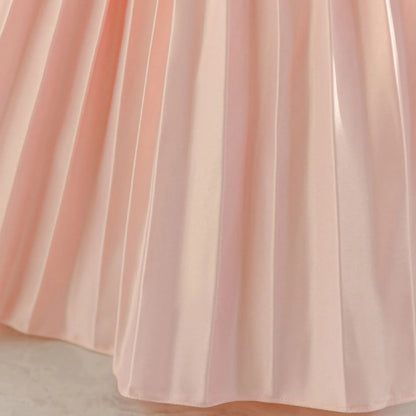 Baby Girls Princess Puff Sleeves Satin Faux Pearls Pleated Tulle Dress (9M-5YRS)
