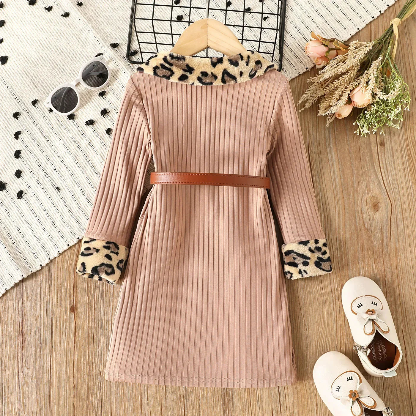 Girls Leopard Print Fleece Splice Lapel Collar Ribbed Dress (Age 24M-6YRS)