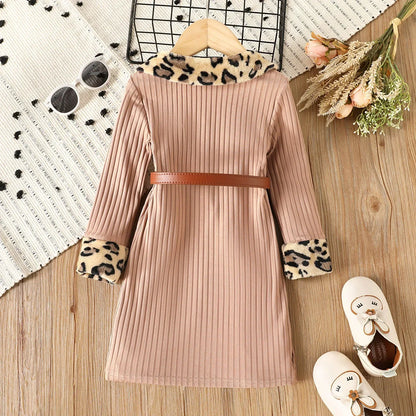 Girls Leopard Print Fleece Splice Lapel Collar Ribbed Dress (Age 24M-6YRS)