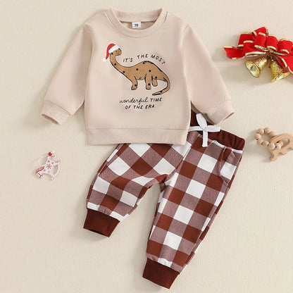 Baby/Toddler Boys Christmas Dinosaur Top & Checked Trousers Outfit (Age 6M-3YRS)