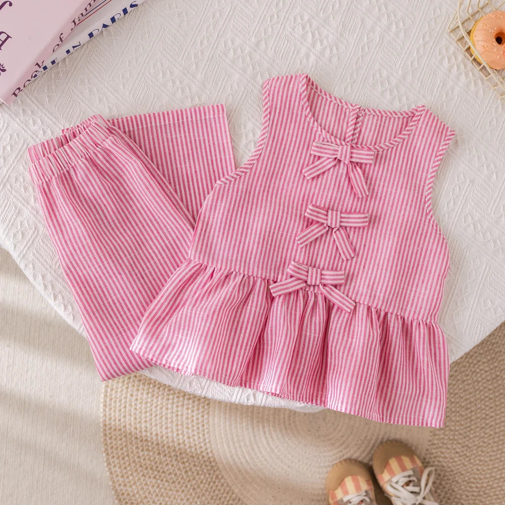 Girls Pink Stripe Bow Sleeveless Vest Top & Trousers Set (Age 3-7YRS)