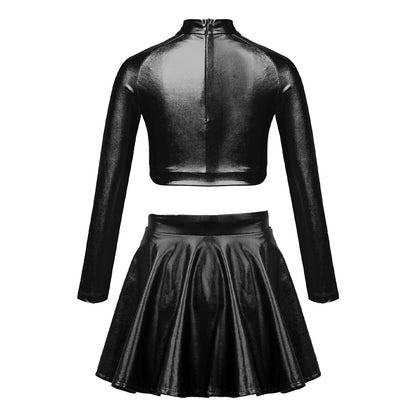 Girls Dance Metallic Long Sleeve Sequin Crop Top & Skirt (Age 6-14YRS)