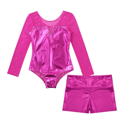Girls Rhinestone Metallic Dance Bodysuit & Shorts Set (Age 4-12 YRS)