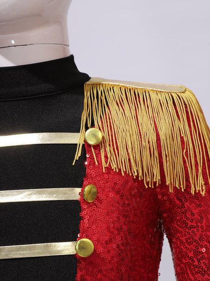 Girls Halloween Circus Ringmaster  Costume Long Sleeve Sequin Leotard Dress (Age 6-14YRS)