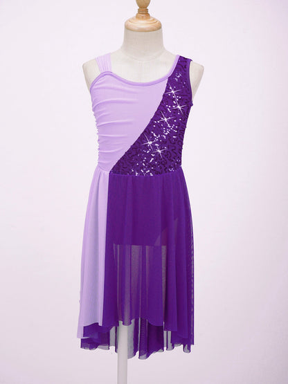 Girls Dance Sleeveless Color Block m Leotard Dress (Age 6-16YRS)