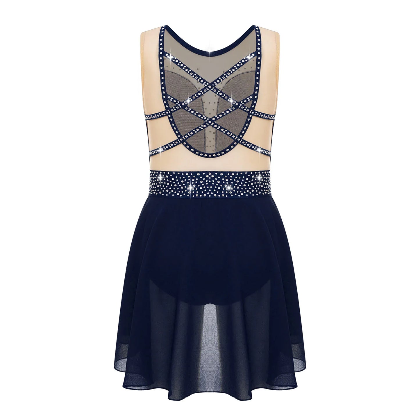 Rhinestone Gymnastics Figure Skating Dress for Teen Girls Sleeveless Sheer Mesh Tutu Ballet Leotard Lyrical Performance Costume