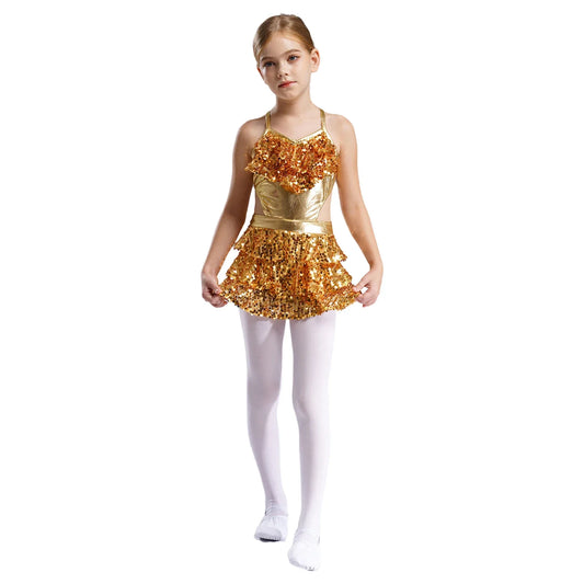 Girls Sequin Dance Sleeveless Cutout Tiered Ruffle Metallic Leotard Dress (Age 6-16 YRS)