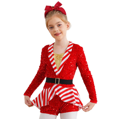 Girls Christmas Candy Cane Long Sleeve Sequin Stripe Costume (Age 6-16 YRS)