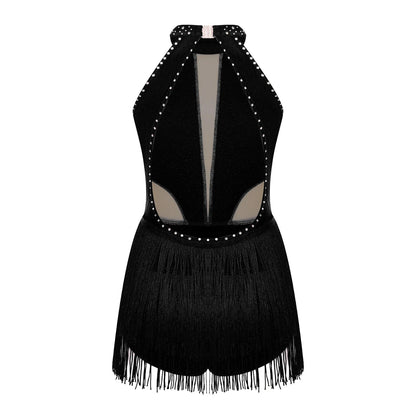 Girls Dance Costume Sleeveless Rhinestone Tassel Leotard (Age 6-16 YRS)