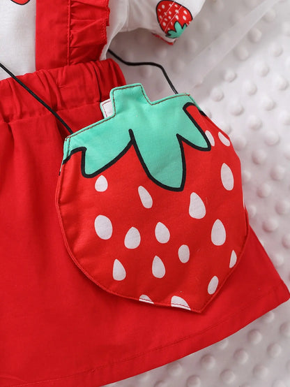 Baby Girls Strawberry Print Top & Red Cotton Dress & Bag Set (Age 6M-3YRS)