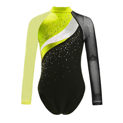 Girls Ballet Dance Leotard Gymnastics  Rhinestones Sheer Mesh Long Sleeve (Age 4-16 YRS)