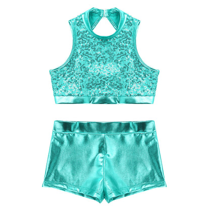 Girls Dance Costume Sequin Crop Top & Shorts Set (Age 6-12 YRS)