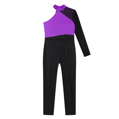 Girls Gymnastics Rhinestones Sheer Mesh Jumpsuit (Age 6-16 YRS)