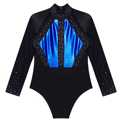 Girls Dance Performance Costume Long Sleeve Rhinestone Leotard (Age 6-16 YRS)