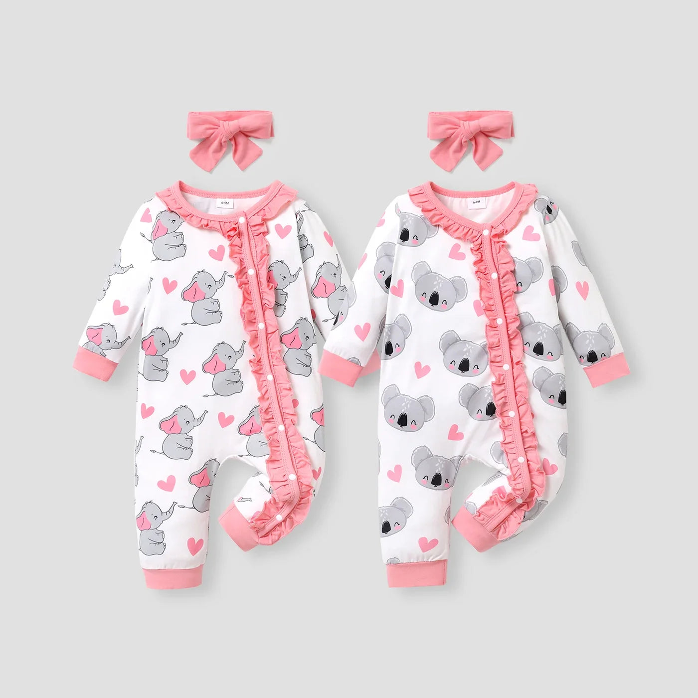 Baby Girls Koala Print White Long-Sleeve Ruffle Snap-up Jumpsuit (Age Newborn-18M)