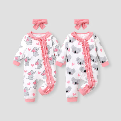 Baby Girls Koala Print White Long-Sleeve Ruffle Snap-up Jumpsuit (Age Newborn-18M)