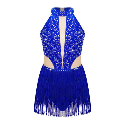 Girls Dance Costume Sleeveless Rhinestone Tassel Leotard (Age 6-16 YRS)