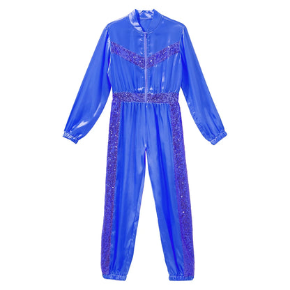 Girls Sequin Satin m Long Sleeve Zipper Jumpsuit (Age 6-16 YRS)