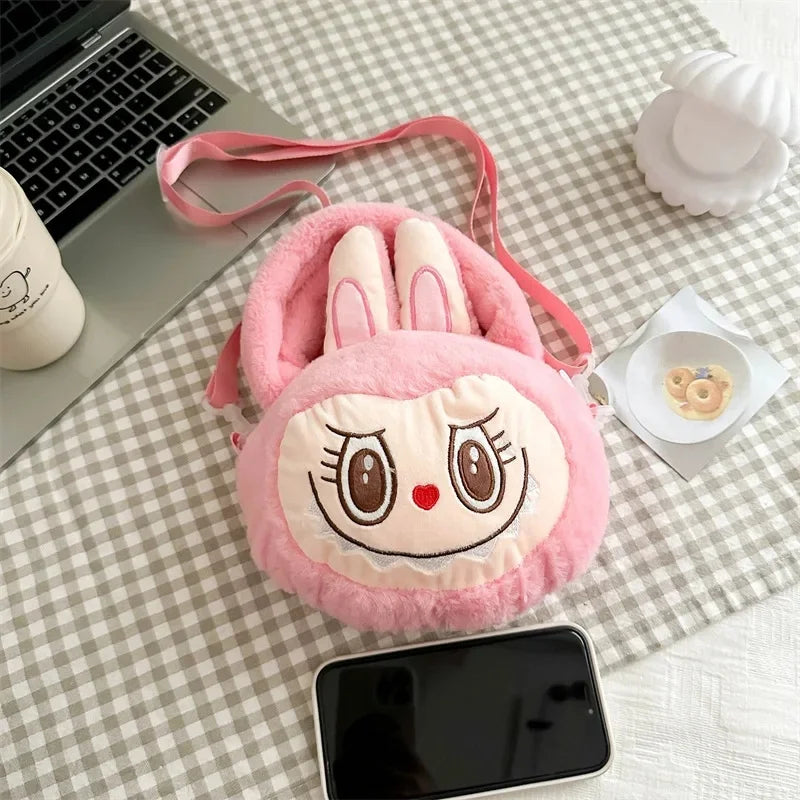Labubu Plush Crossbody Bag | Soft Kawaii Shoulder Bag with Zipper Rose Red