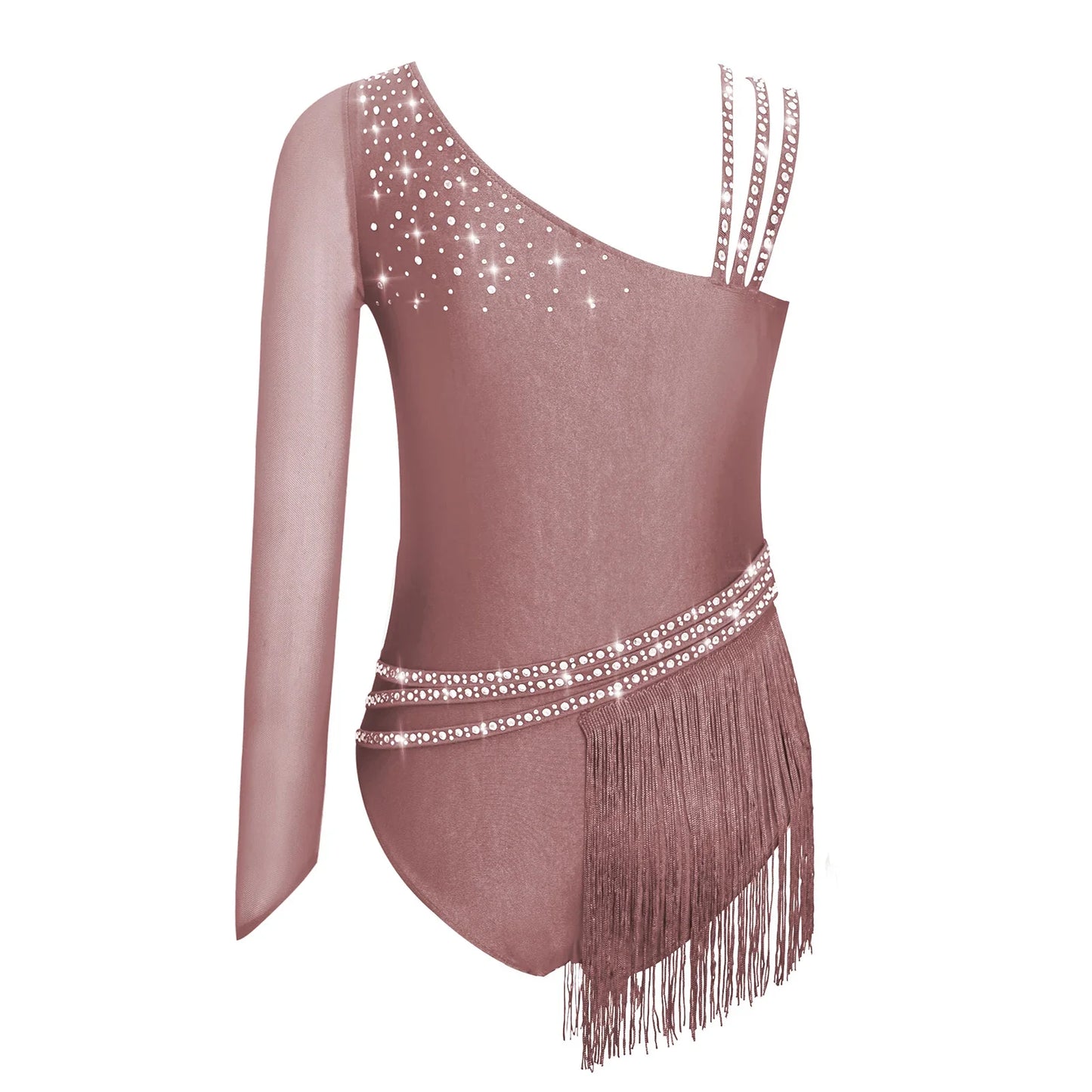 Girls Figure Skating Rhinestone Irregular Tassel Bodysuit Leotard (Age  6-16YRS)