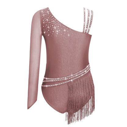 Girls Figure Skating Rhinestone Irregular Tassel Bodysuit Leotard (Age  6-16YRS)