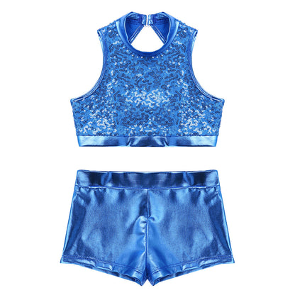 Girls Dance Costume Sequin Crop Top & Shorts Set (Age 6-12 YRS)