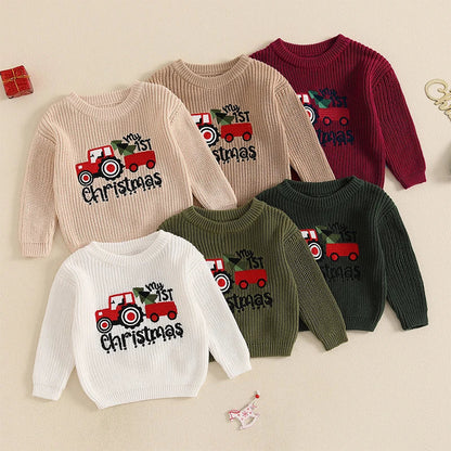 Baby Girls/Boys Christmas Tractor Ribbed Jumper (Age 3M-18M)