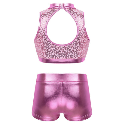 Girls Dance Costume Sequin Crop Top & Shorts Set (Age 6-12 YRS)