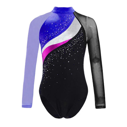 Girls Ballet Dance Leotard Gymnastics  Rhinestones Sheer Mesh Long Sleeve (Age 4-16 YRS)