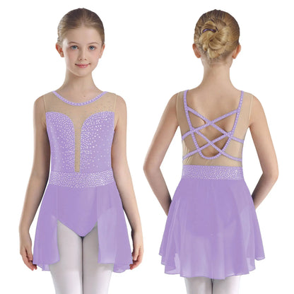 Rhinestone Gymnastics Figure Skating Dress for Teen Girls Sleeveless Sheer Mesh Tutu Ballet Leotard Lyrical Performance Costume