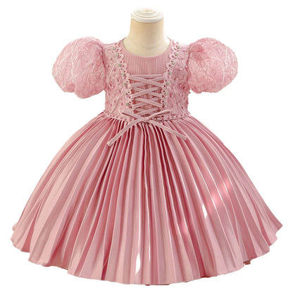 Baby Girls Princess Puff Sleeves Satin Faux Pearls Pleated Tulle Dress (9M-5YRS)