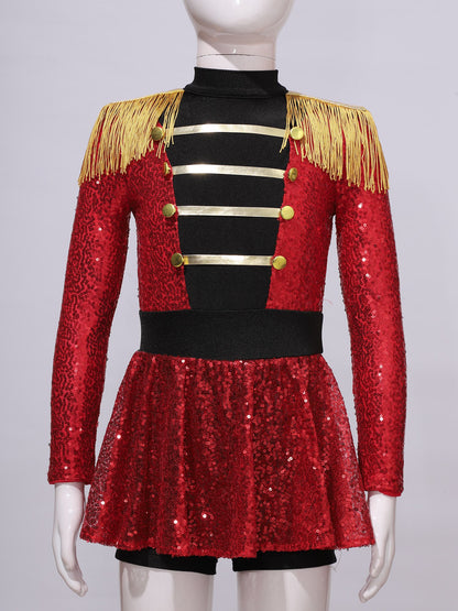 Girls Halloween Circus Ringmaster  Costume Long Sleeve Sequin Leotard Dress (Age 6-14YRS)