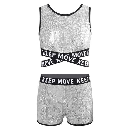 Girls Sequin Dance Top & Shorts Set (Age 4-16YRS)