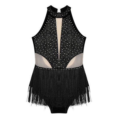 Girls Dance Costume Sleeveless Rhinestone Tassel Leotard (Age 6-16 YRS)
