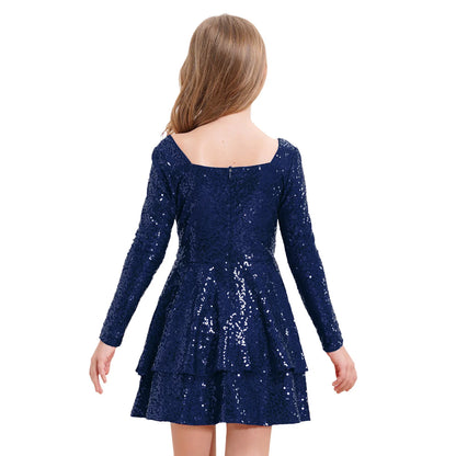 Girls Sequin Long Sleeve Double Layer Hemline Dress (Age 6-14 YRS)