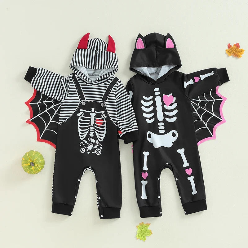 Baby Halloween Bat Costume Romper – Skeleton Cobweb Hooded Jumpsuit with Big Ears | Ages Newborn–24M