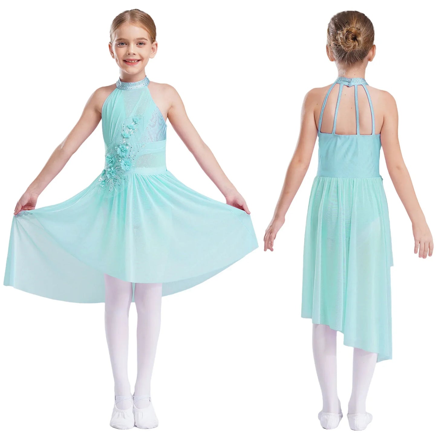 Girls Dance Sleeveless Rhinestones Applique Dress (Age 6-14 YRS)