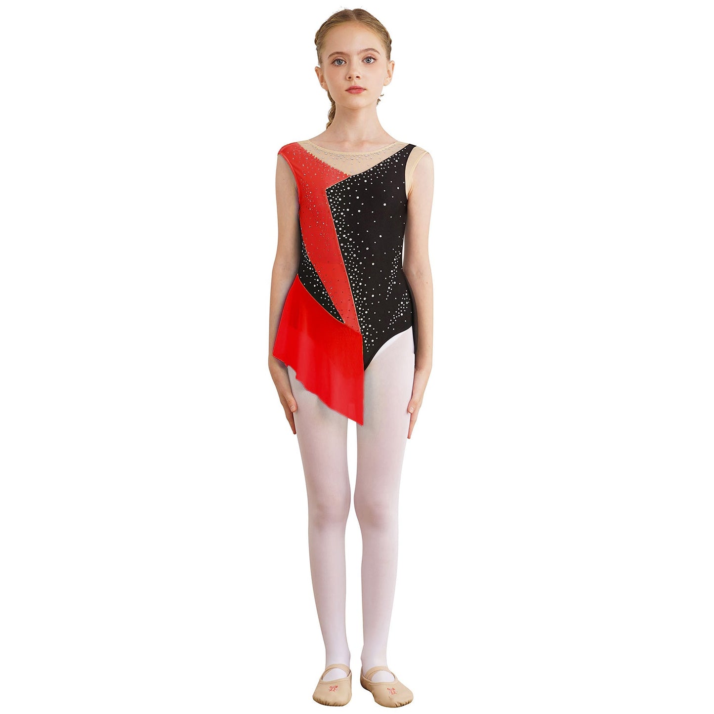 Rhinestone Gymnastics Figure Skating Dress for Teen Girls Sleeveless Sheer Mesh Tutu Ballet Leotard Lyrical Performance Costume