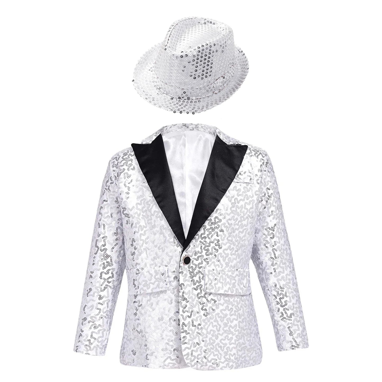 Boys Sequin Dance Tuxedo Jacket Suit & Fedora Hat (Age 6-16 YRS)