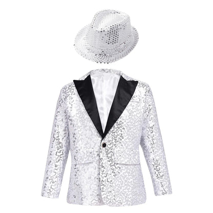 Boys Sequin Dance Tuxedo Jacket Suit & Fedora Hat (Age 6-16 YRS)